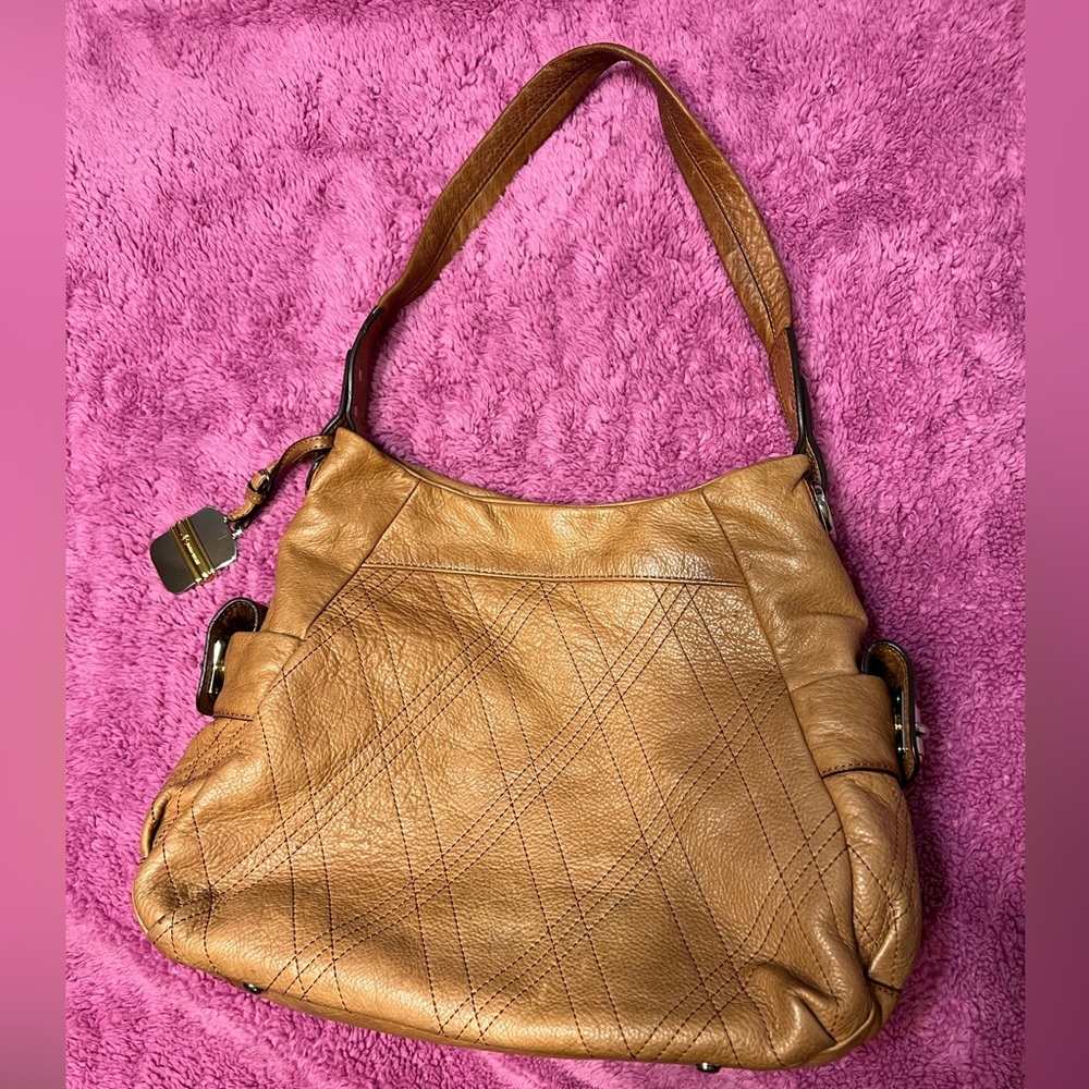 B Makowsky Quilted Genuine Leather Shoulder Hobo Bag Tan Light Bown